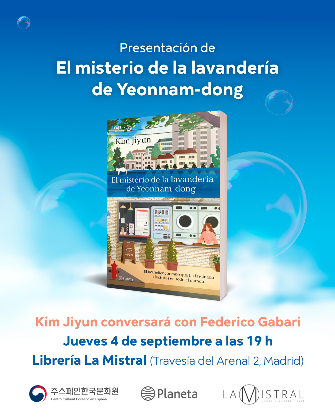 Cartel del Encuentro con Kim Jiyun, autora de El misterio de la lavandería de Yeonnam-dong
